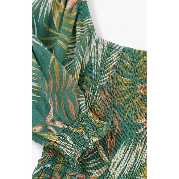 Green Floral Tropical Smocked Puff Sleeve Off On Shoulder Midi Floral Sundress M - Picture 2 of 6
